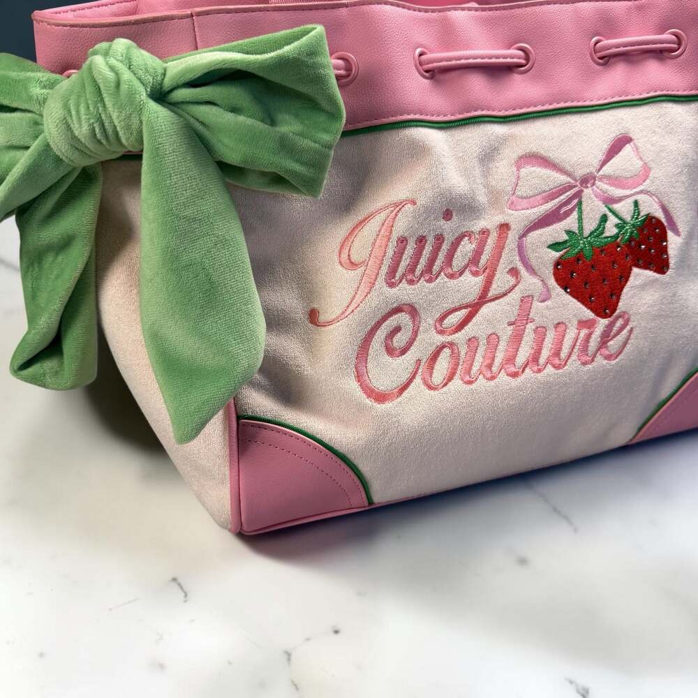 Juicy Couture Retro Strawberry Daydreamer Tote Bag in Pink with Green Bow